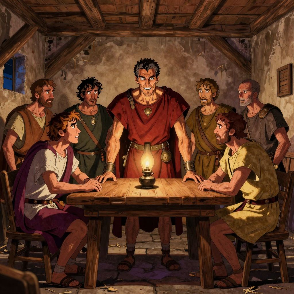 Catiline leaning over a table in a cheap tavern, speaking urgently to gathered conspirators lit by oil lamp