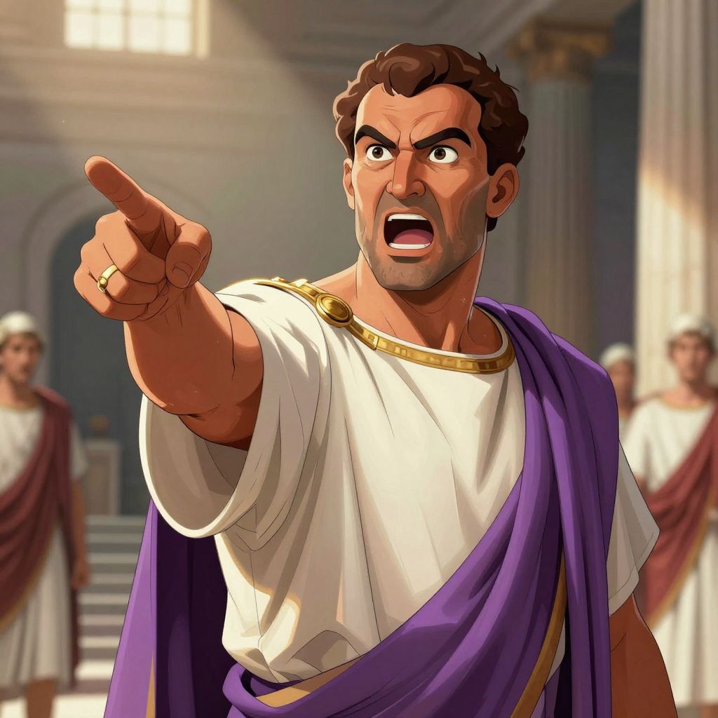 Close-up of Cicero mid-oration, right arm extended pointing accusingly, face showing controlled fury