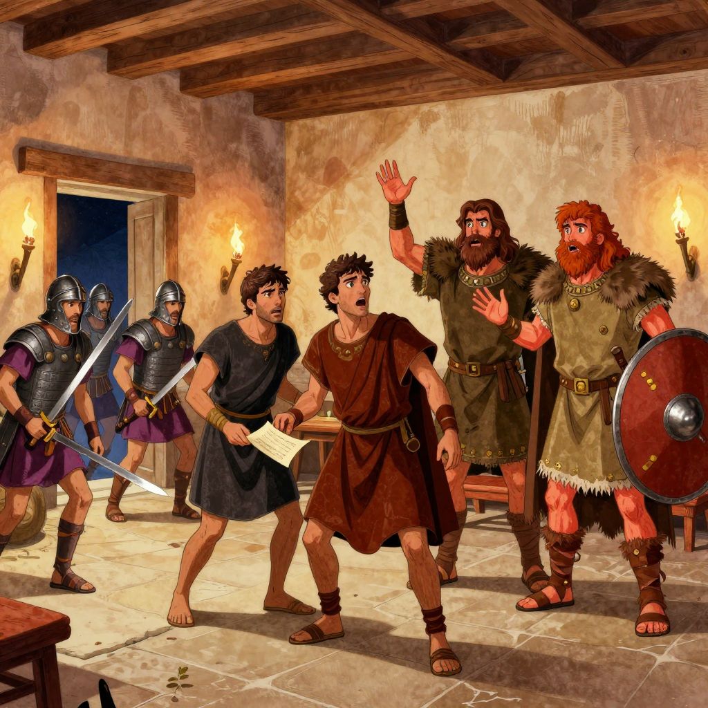 Guards bursting into a room as conspirators are caught mid-negotiation with Gallic envoys, scroll falling from hand