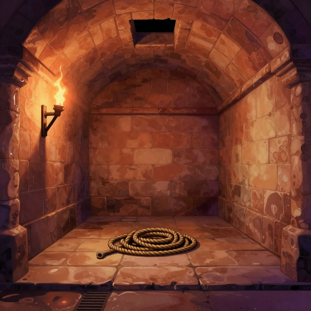 Interior of the Tullianum prison execution chamber, empty except for coiled rope on wet stone floor, single torch casting dancing shadows