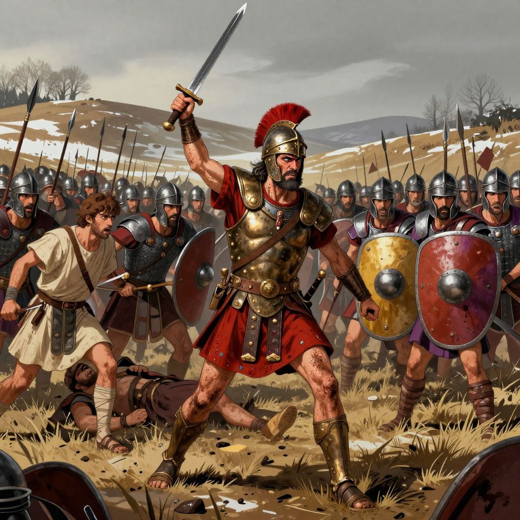 Catiline in battle armor charging forward surrounded by ragtag followers, professional Roman legions advancing with shields locked