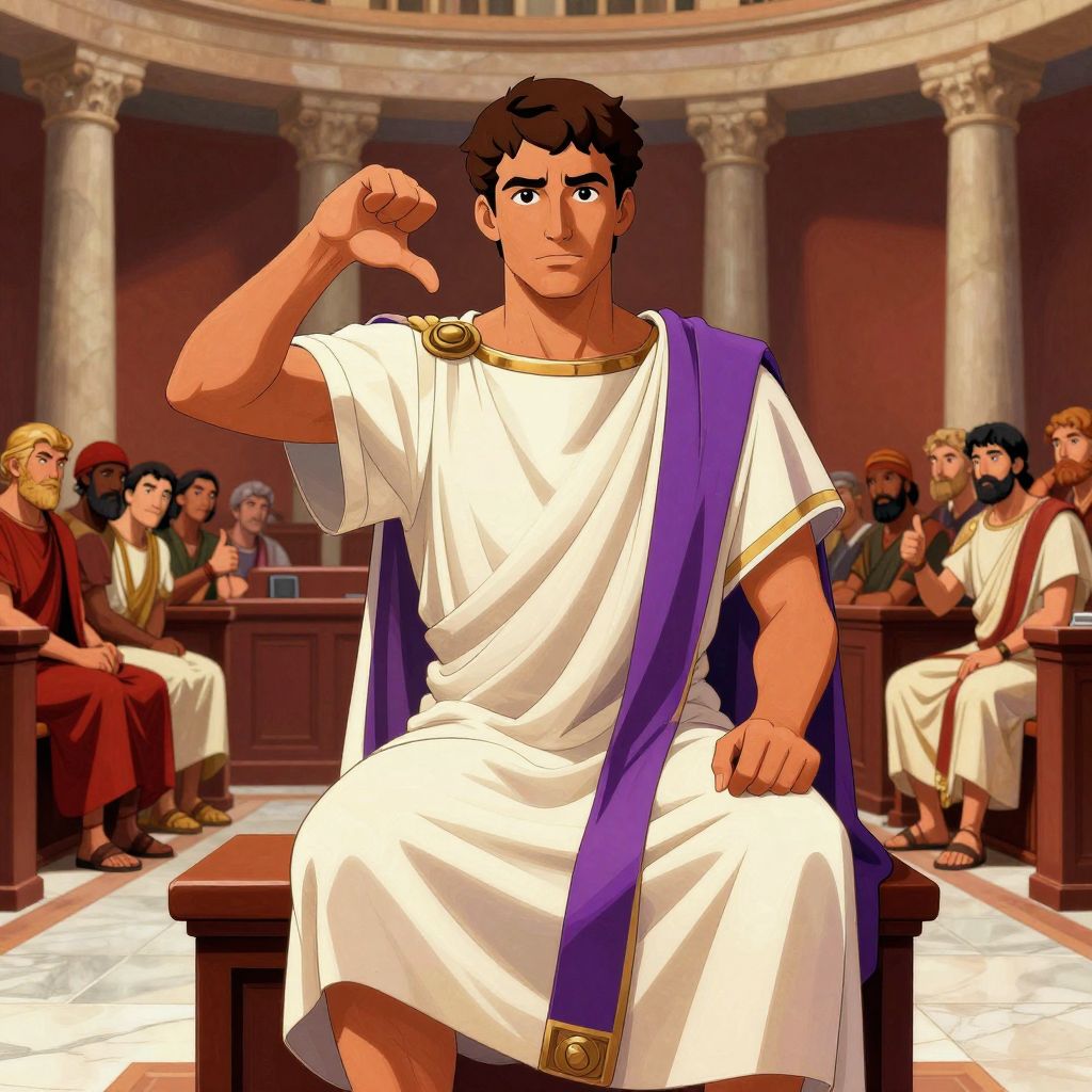 Young Julius Caesar sitting in the Senate during debate, one hand raised in voting gesture, expression calculating