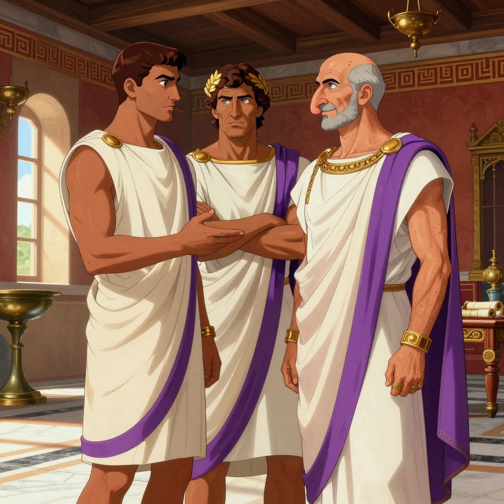 Caesar, Pompey, and Crassus in a private chamber, heads leaning inward in conspiratorial conference