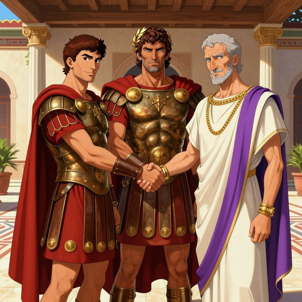 Three men in triangular formation, clasping forearms in center of frame in Roman gesture of agreement