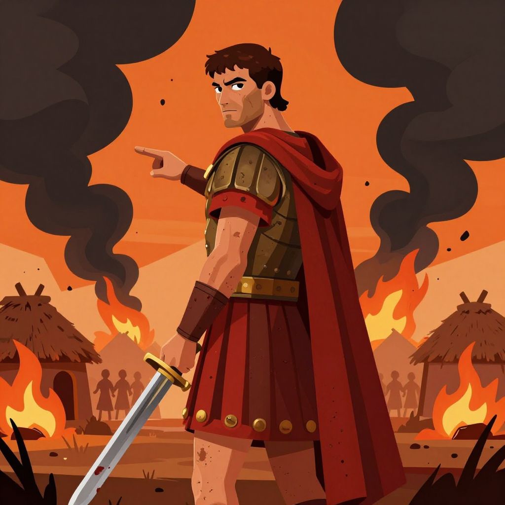 Caesar before burning Gaulish village, holding Roman short sword, commanding troops
