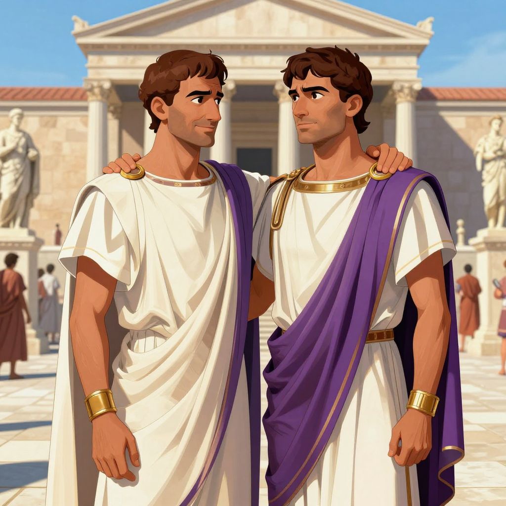 Caesar and Pompey standing apart at opposite edges of funeral pyre, both in dark mourning togas
