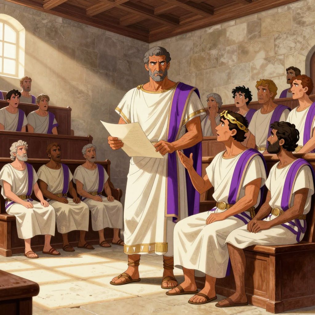 Caesar with his hand on young Brutus's shoulder in mentoring gesture, while Brutus looks away showing discomfort