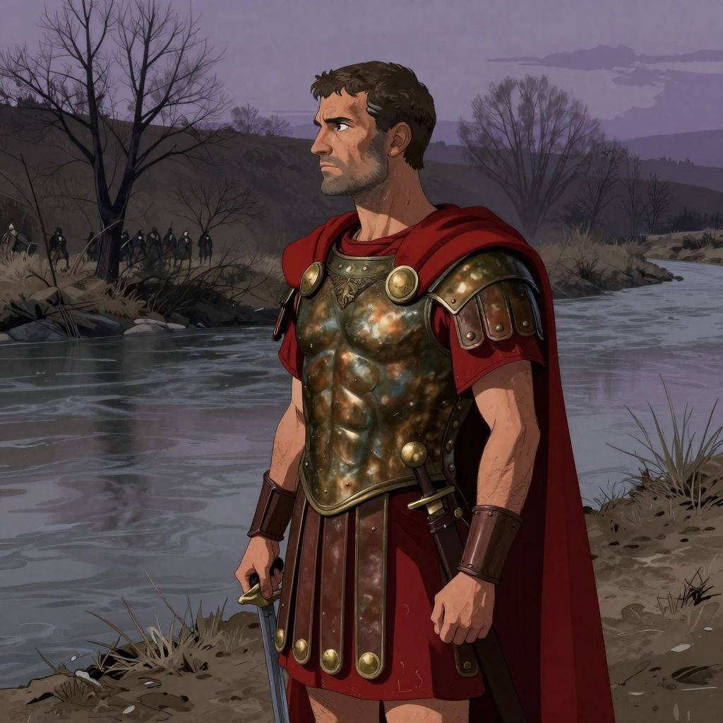 Shallow Rubicon River flowing across the frame in stylized illustration style, narrow enough to wade across, with muddy banks and winter-bare trees rendered as bold graphic shapes against gray sky