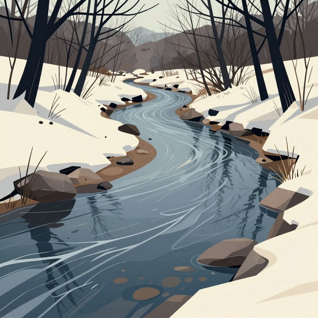 The Rubicon River - shallow, unremarkable stream in winter landscape