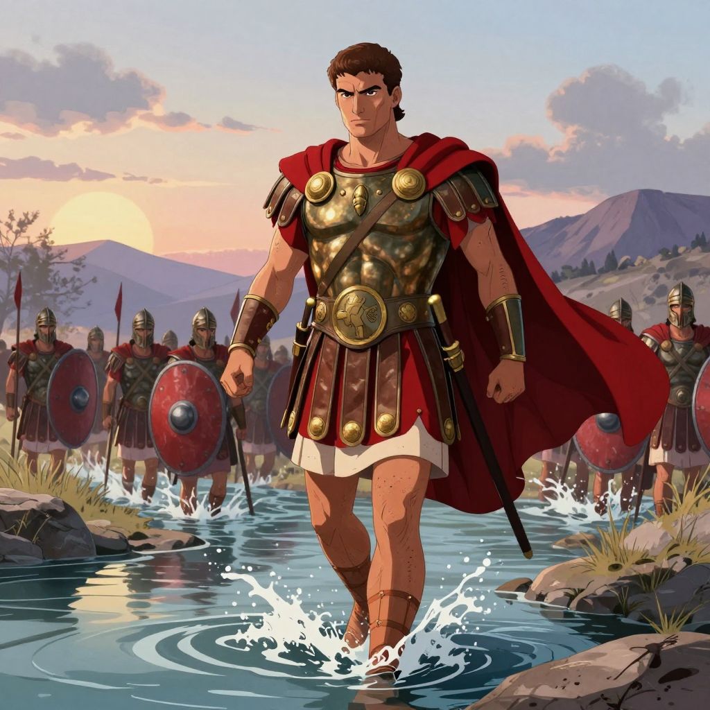 Caesar mid-stride stepping into the Rubicon River, water splashing, legions following