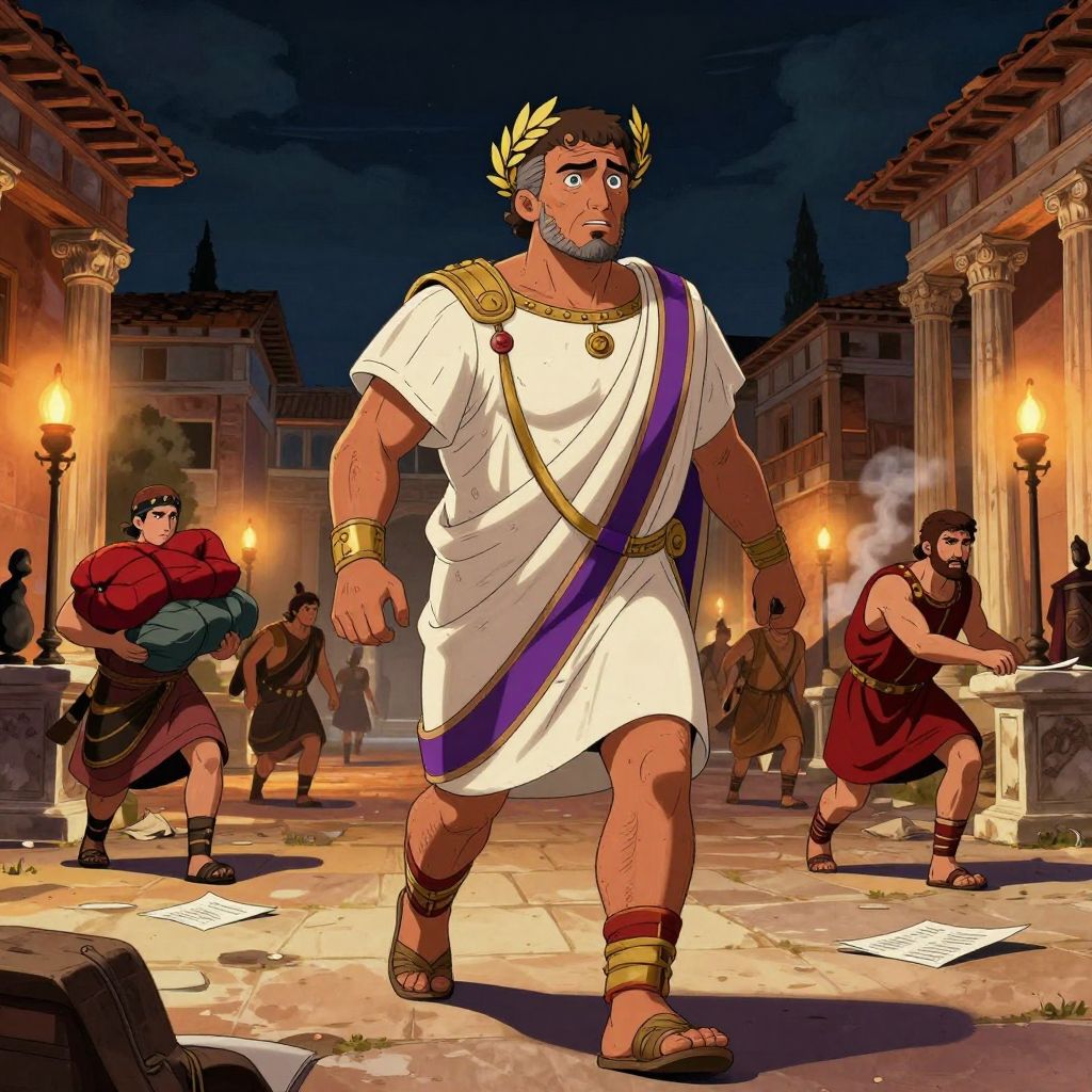 Pompey fleeing through the Forum at night, servants scrambling with belongings