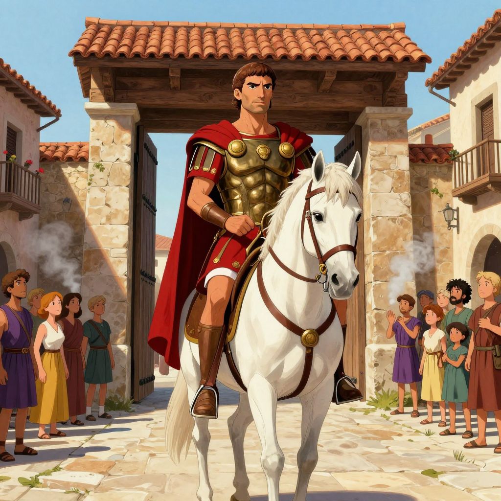 Caesar riding white warhorse through open city gates, crowds watching from doorways