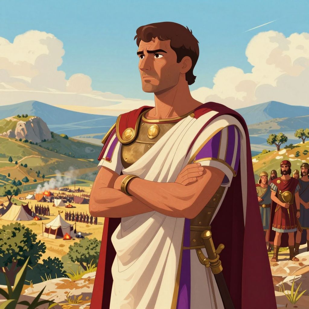 Brutus standing on Greek hillside overlooking military camp, arms crossed, troubled expression