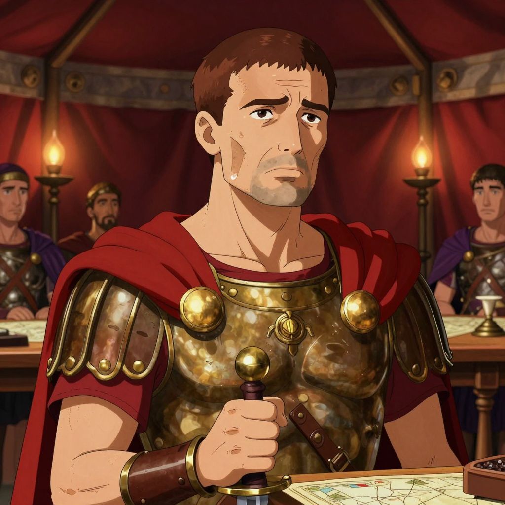 Caesar in command tent, jaw clenched, genuine pain in his eyes