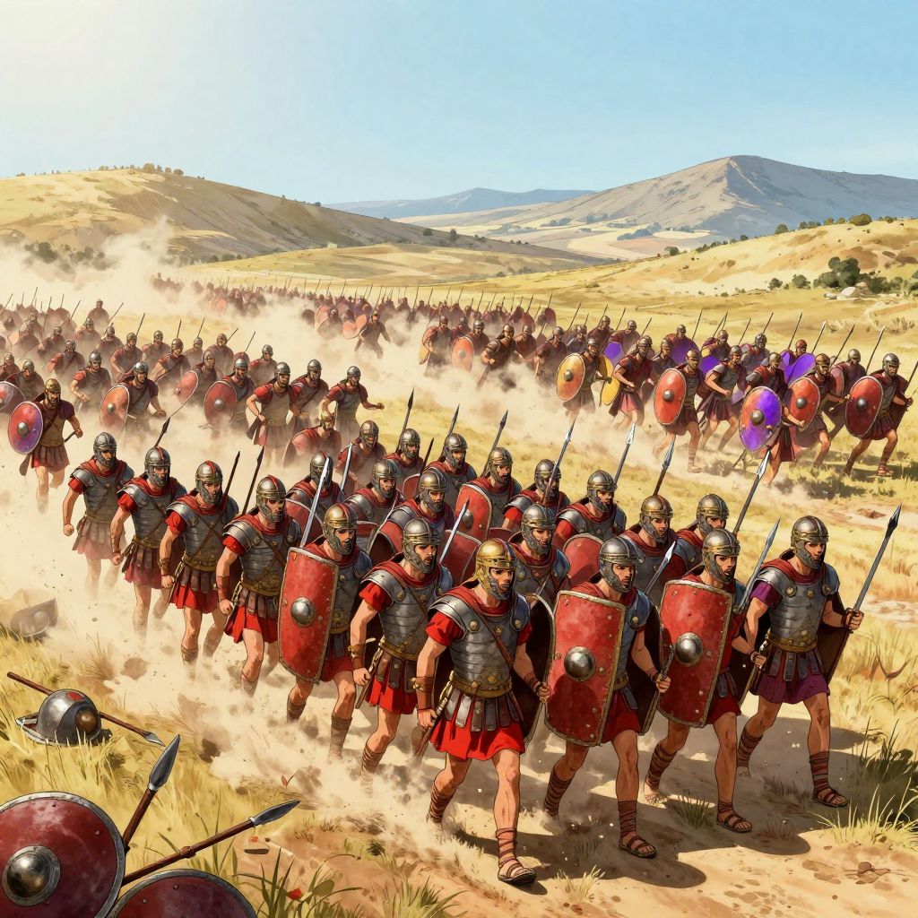 Caesar's veteran legions crushing Pompey's forces at Pharsalus
