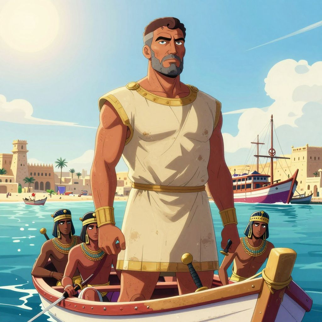 Pompey in rowing boat approaching harbor, Egyptian soldiers with hands on sword hilts