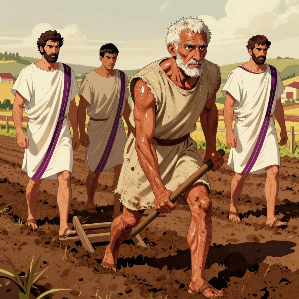 Cincinnatus being found by Senate messengers while plowing his field outside Rome