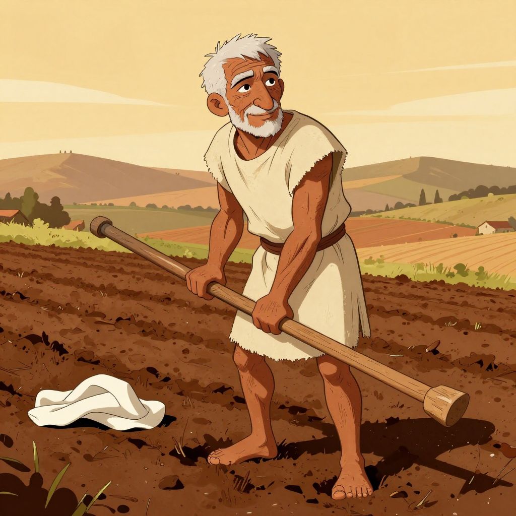 Cincinnatus returning to his farm, white toga discarded on the ground beside him