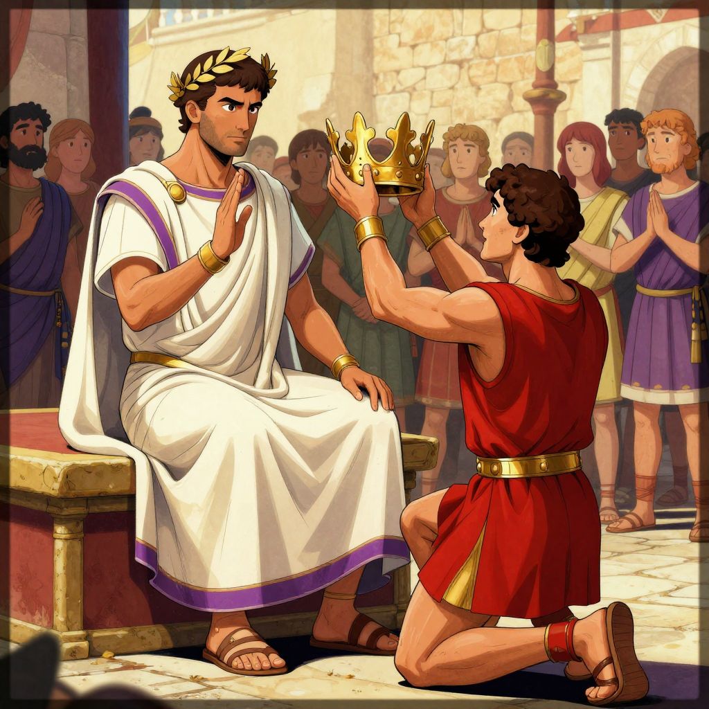 Mark Antony offering a golden diadem to Caesar at the Lupercalia festival, crowd watching