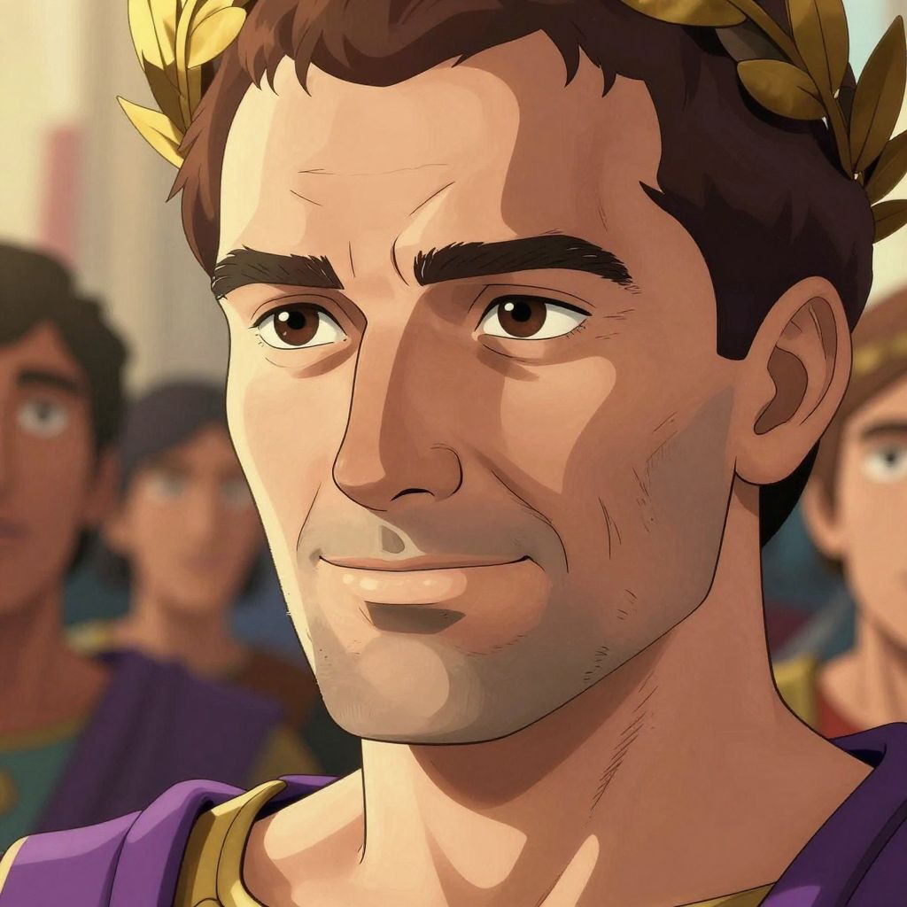 Close-up of Caesar's face watching the crowd's reaction with calculating eyes