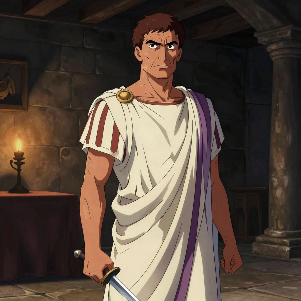 Brutus in shadow, gripping a dagger, face showing terrible resolve