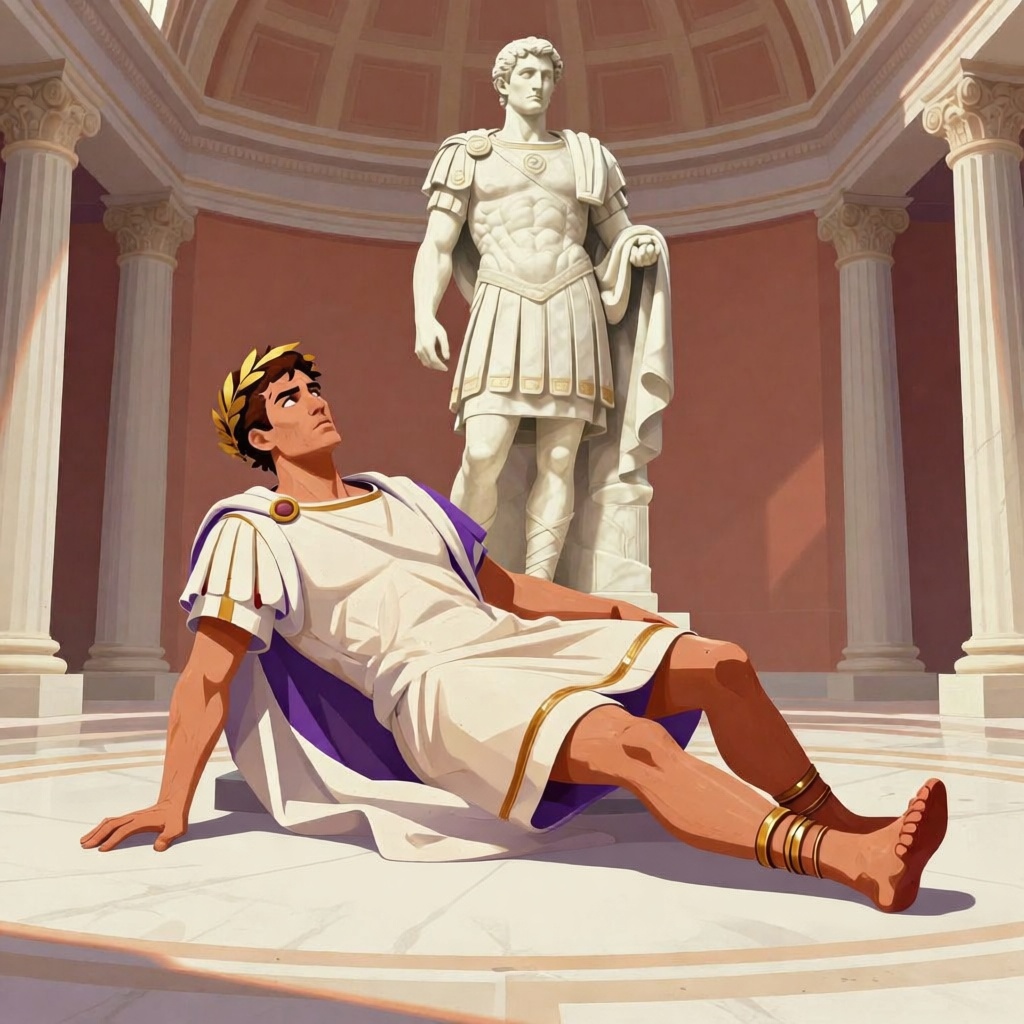 Caesar's body fallen at the base of Pompey's statue on the Senate floor