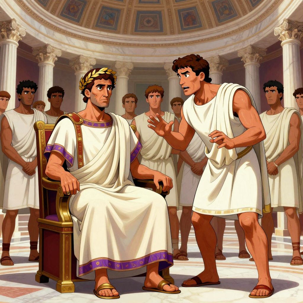 Tillius Cimber approaching Caesar, conspirators closing in