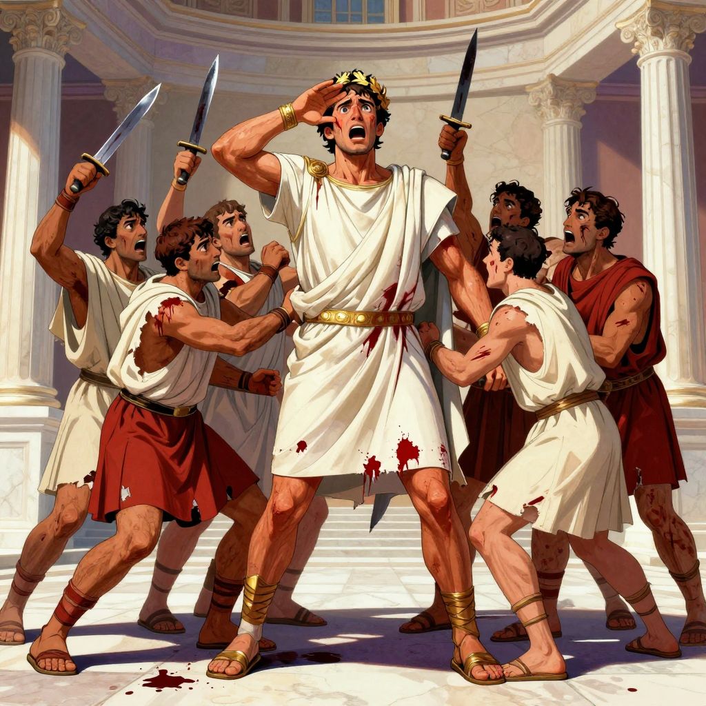 Conspirators attacking Caesar from all sides in chaos