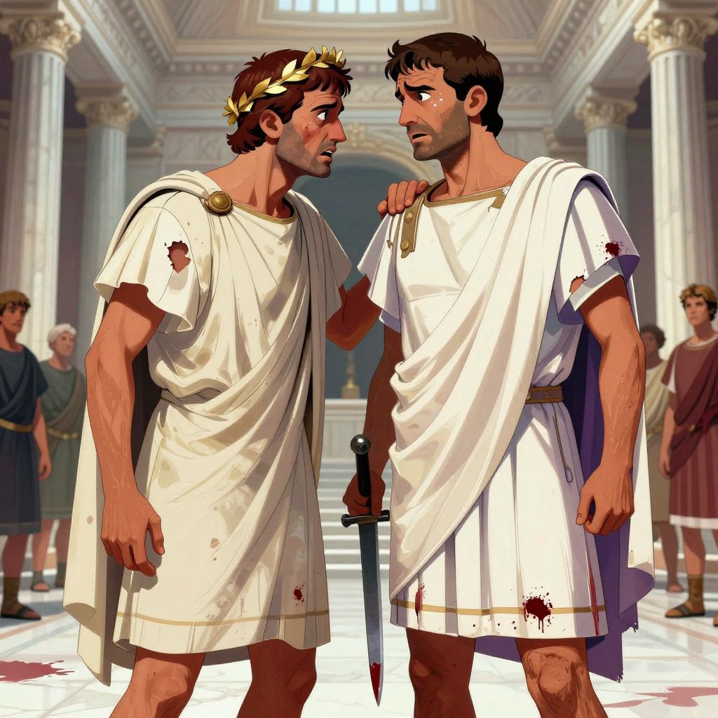 Caesar and Brutus facing each other, moment of betrayal