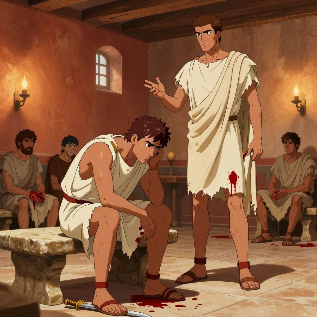 Conspirators emerging from Senate, waving bloody daggers to empty streets