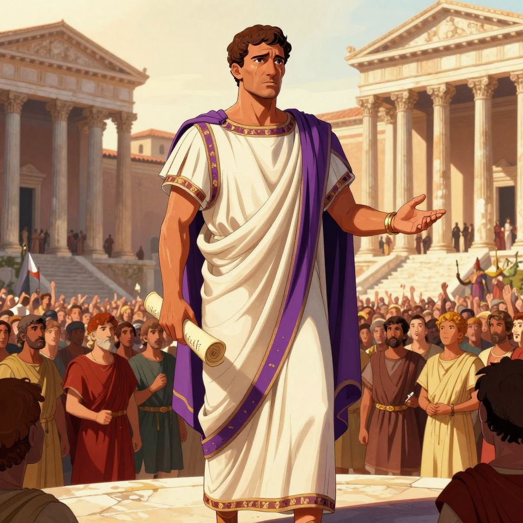 Mark Antony at the Rostra, reading Caesar's will to the crowd