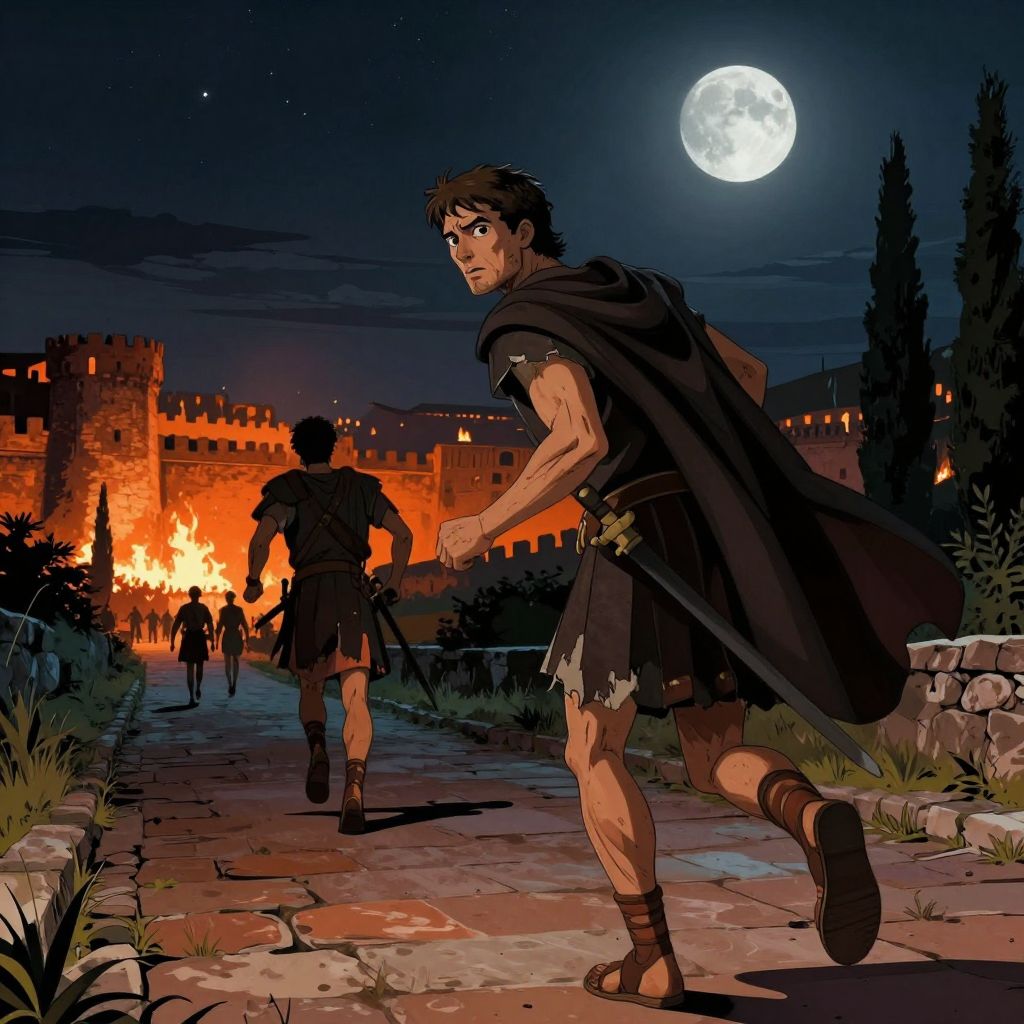 Massive funeral pyre burning in the Forum, crowd turning to riot