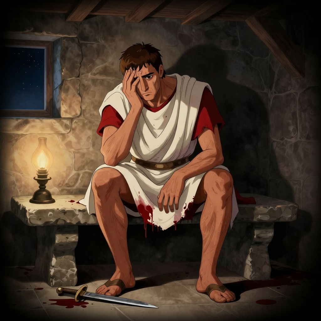 Octavian standing in his quarters, cold determination in his eyes