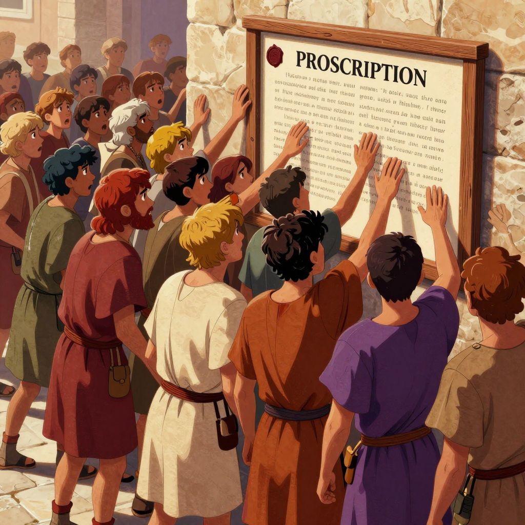 Roman crowd pressing forward to read the proscription lists, hands reaching, faces showing terror