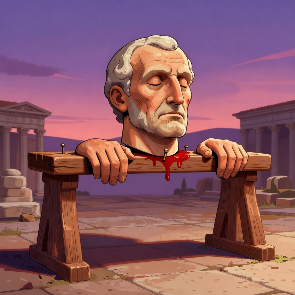 Cicero's severed head and hands nailed to the rostra in the Roman Forum at twilight