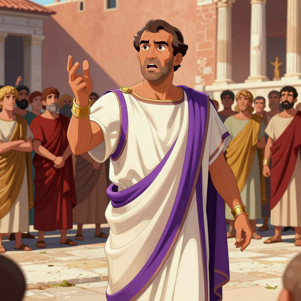 Cicero at the rostra delivering one of his famous speeches, gesturing dramatically