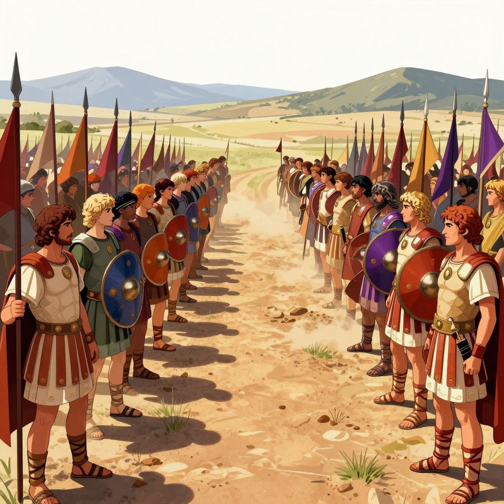 Two massive Roman armies facing each other across a dusty plain at Philippi