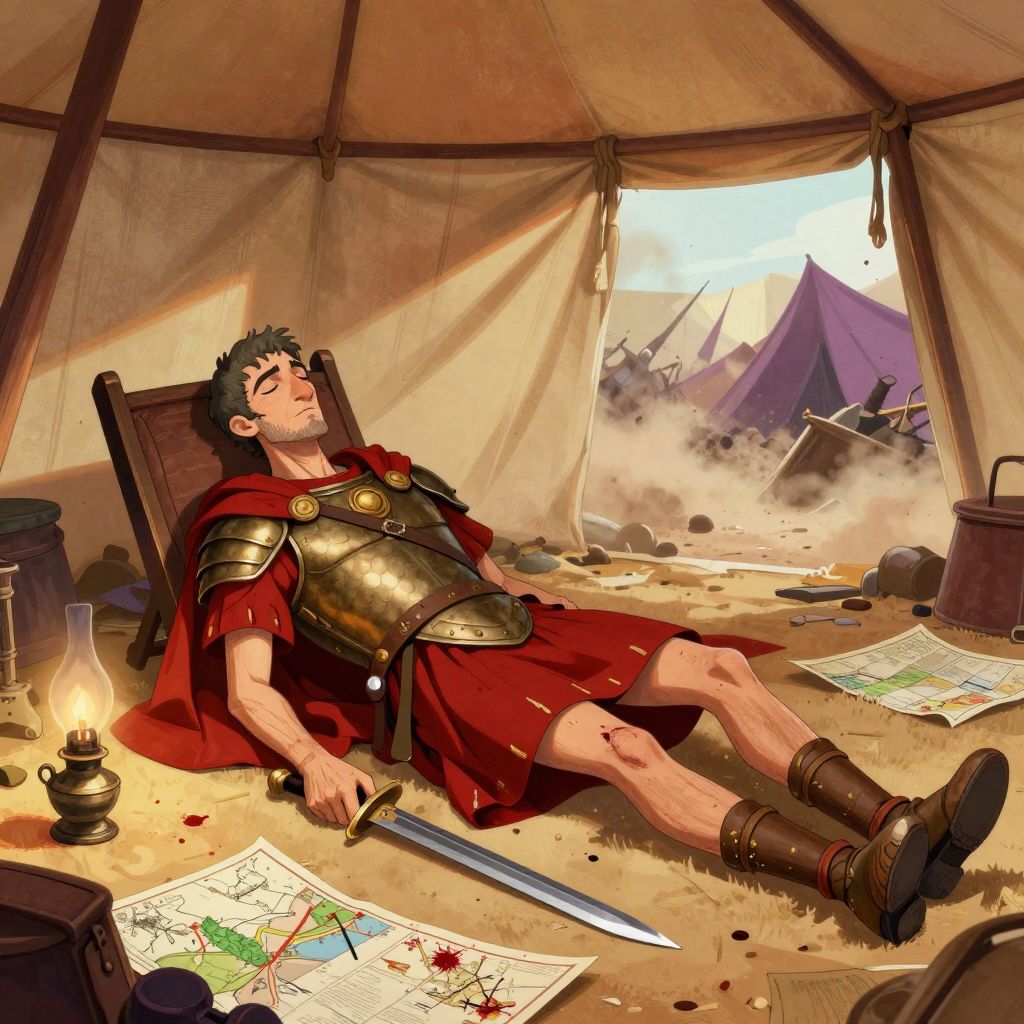 Cassius lying dead in his command tent, having fallen on his sword, maps scattered around him