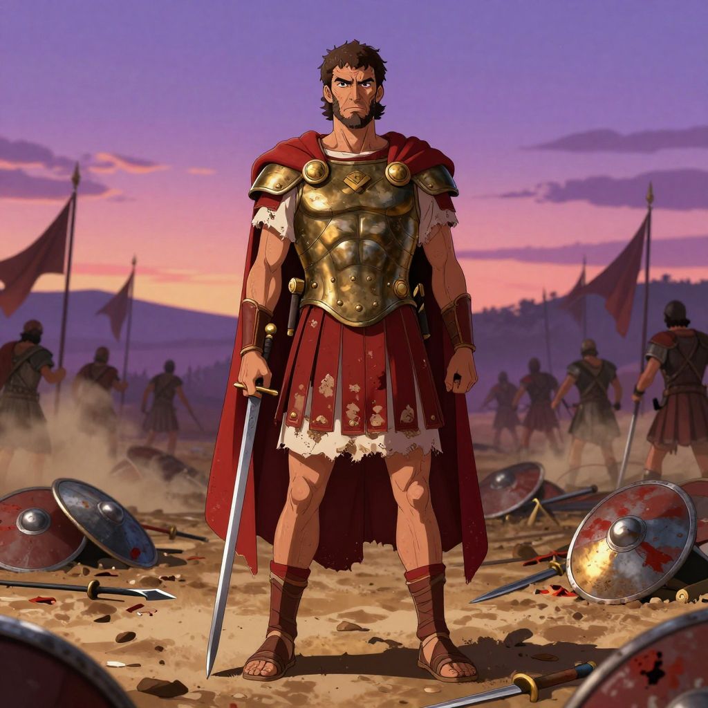 Brutus standing alone on the battlefield at dusk, his army fleeing in all directions