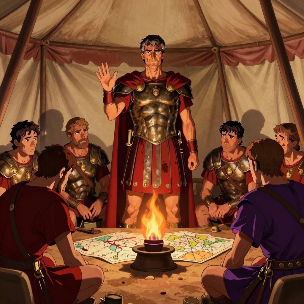 Brutus gathering his remaining officers in a command tent at night, preparing his farewell