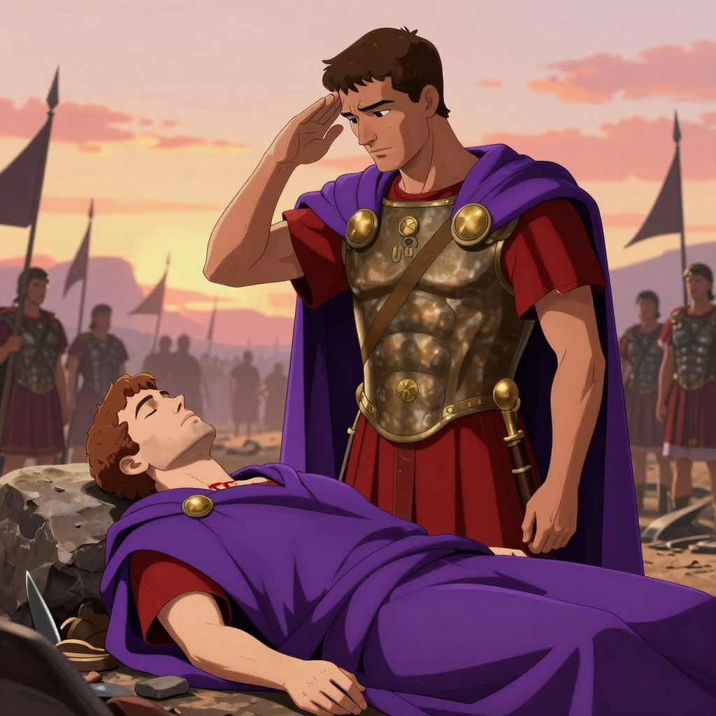 Mark Antony covering Brutus's body with his own purple general's cloak at dawn