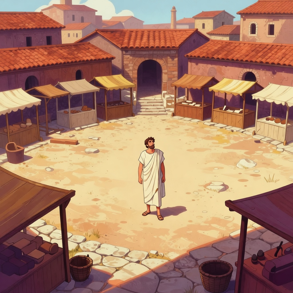 Wide view of the early morning Roman Forum in 494 BCE, empty marketplace with abandoned stalls, a single patrician figure in white toga stands bewildered