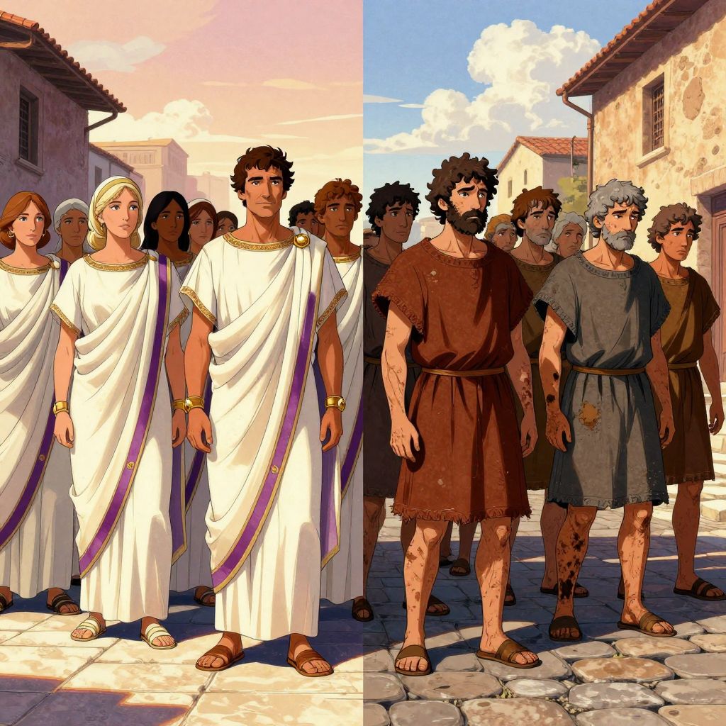 Split composition showing contrast between patricians in white togas with purple borders and gold jewelry on one side, plebeians in rough brown wool tunics with weathered faces on the other