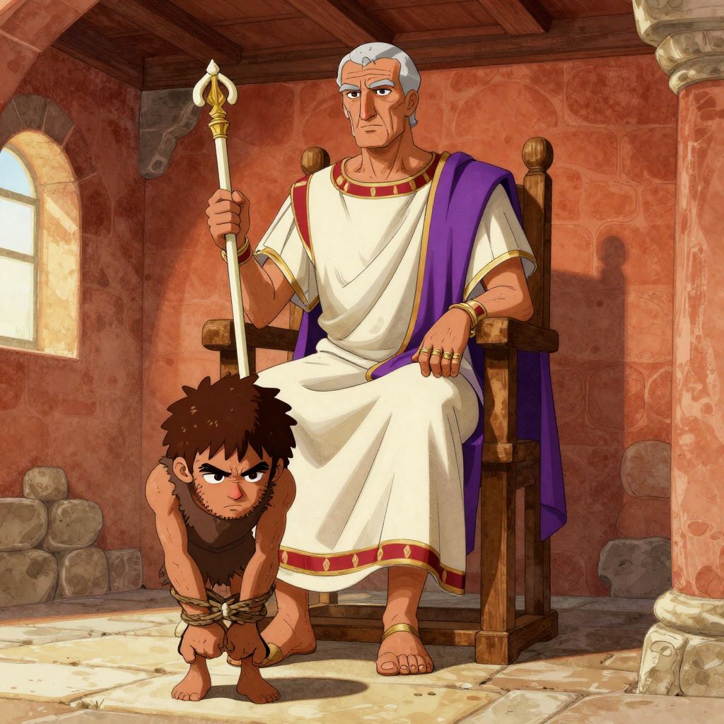 Interior of a simple stone court building, a patrician judge sits elevated looking down with cruel satisfaction at a bound plebeian farmer