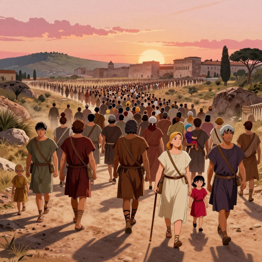 Wide view of a massive crowd of plebeians walking away from Rome at dawn, hundreds of figures in earth-toned tunics moving toward distant hills