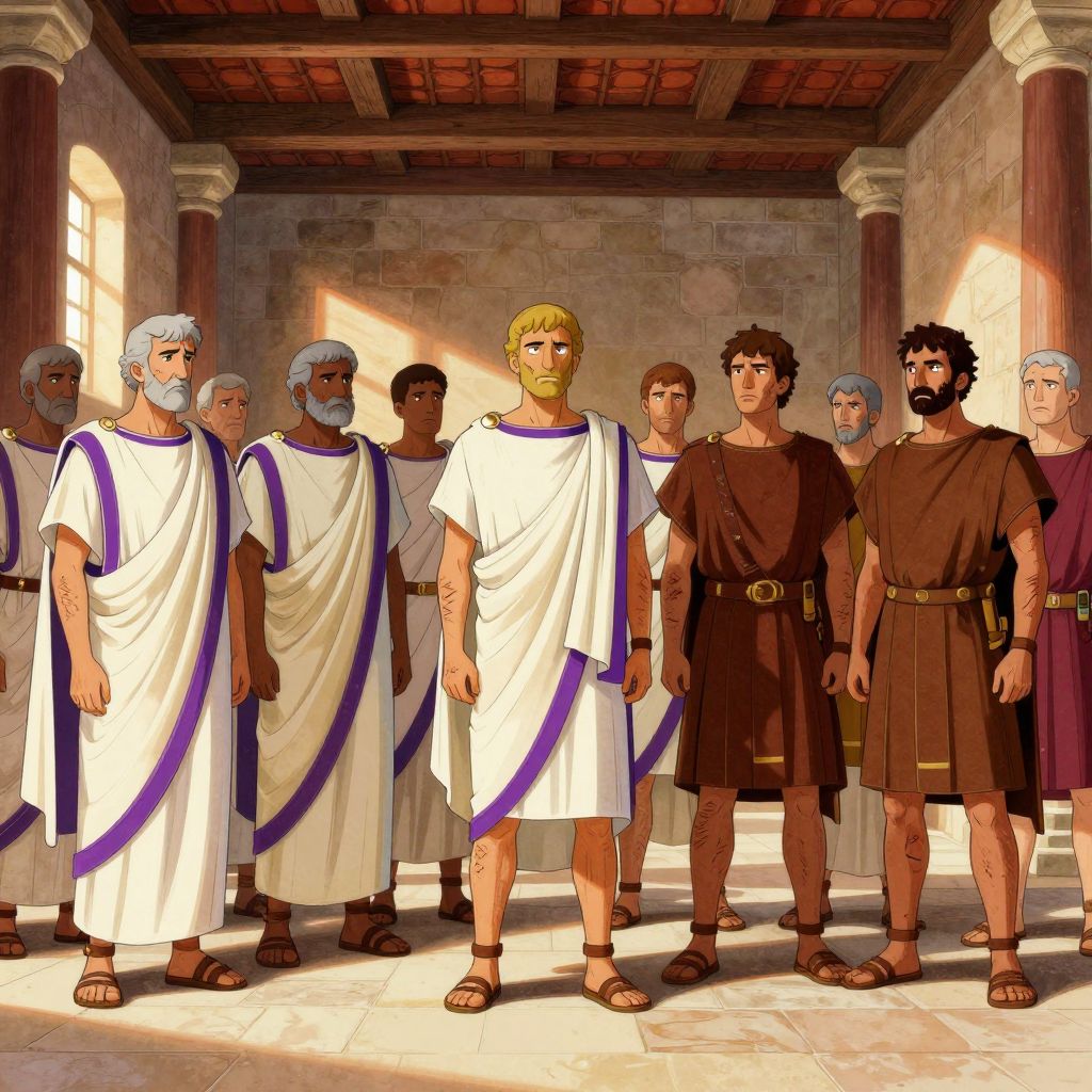 Interior of the Senate house, a tribune in a brown tunic raises his hand in the veto gesture while patrician senators in white togas stand frozen in outrage