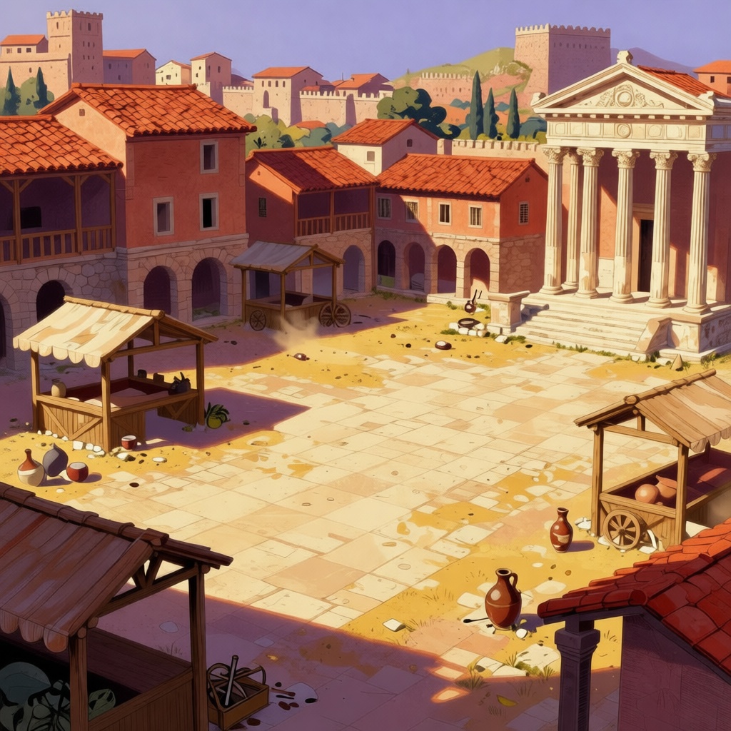 The Roman Forum abandoned and in decay, empty market stalls and scattered debris showing the collapse without plebeian labor