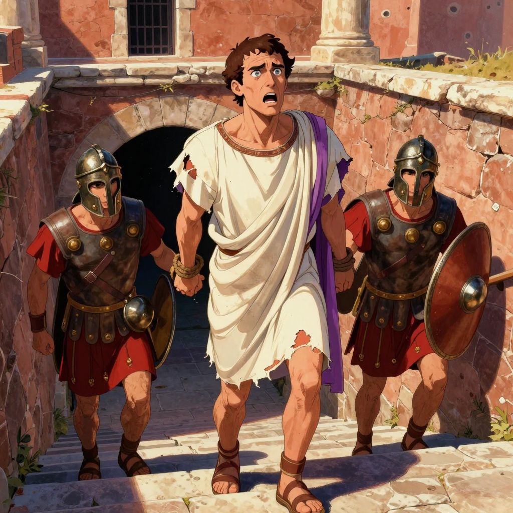Appius Claudius being dragged by guards down stone steps toward the dark prison entrance
