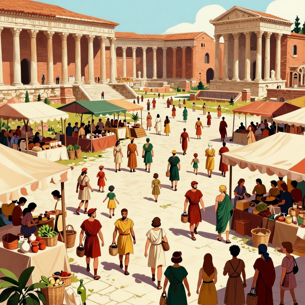 The Roman Forum years later, bustling with crowds of merchants, senators, and citizens around the familiar bronze tablets