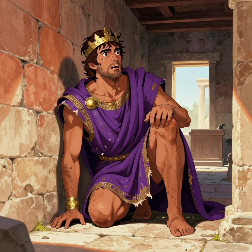 King Perseus cowering in a temple, wearing torn royal robes, disheveled, looking terrified toward the entrance